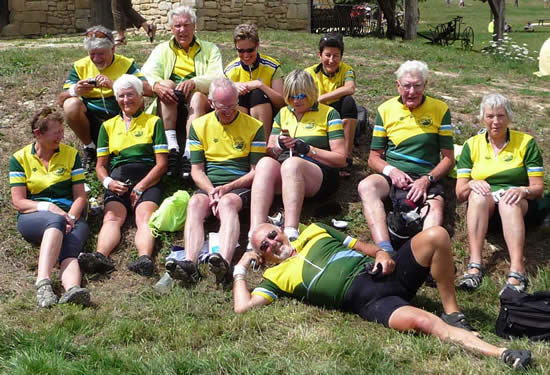 Members wearing club kit at the 'Semaine Federale' cycling festival in France.